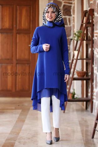 Şifon Tunik - Pantolon Takım Saks AMN1018 - Fashion Showcase Design