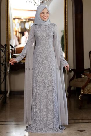 Menekşe Evening Dress - Grey - ALM2014 - Thumbnail
