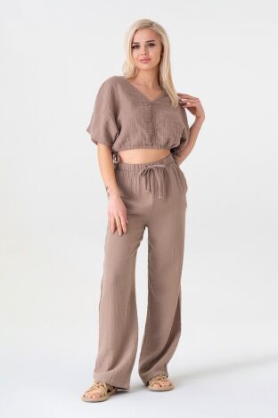 Müslin %100 Doğal Pamuk Beli Lastikli Bol Paça Pantolon - Vizon - WNR25103 