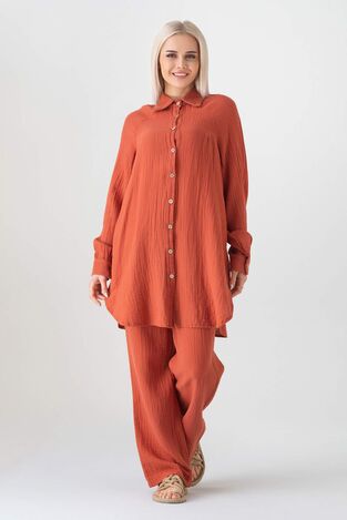Müslin Kumaş %100 Pamuk Reglan Kol Bayan Gömlek - Kiremit - WNR2512 