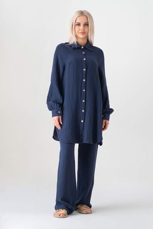 Müslin Kumaş %100 Pamuk Reglan Kol Bayan Gömlek - Lacivert - WNR2512 