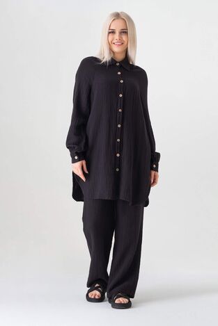 Müslin Kumaş %100 Pamuk Reglan Kol Bayan Gömlek - Siyah - WNR2512 