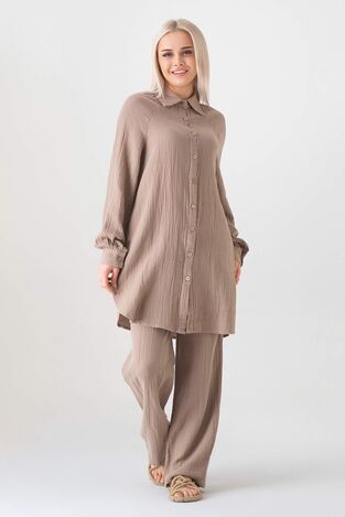 Müslin Kumaş %100 Pamuk Reglan Kol Bayan Gömlek - Vizon - WNR2512 