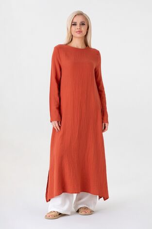 Müslin Kumaş Yandan Yırtmaçlı %100 Pamuk Tesettür Tunik - Kiremit - WNR2501 