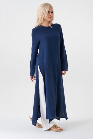 Müslin Kumaş Yandan Yırtmaçlı %100 Pamuk Tesettür Tunik - Lacivert - WNR2501 