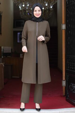 Nervürlü Taş Detay İkili Takım Haki FSC2066 - Fashion Showcase Design