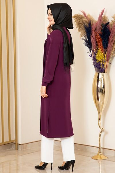 Nervürlü Uzun Tunik Mürdüm - Fashion Showcase Design - FSC2074