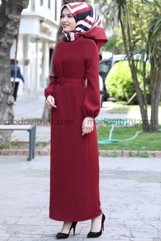 Pencil Dress - Balloon Sleeves - Maroon - MDV1013 - Thumbnail