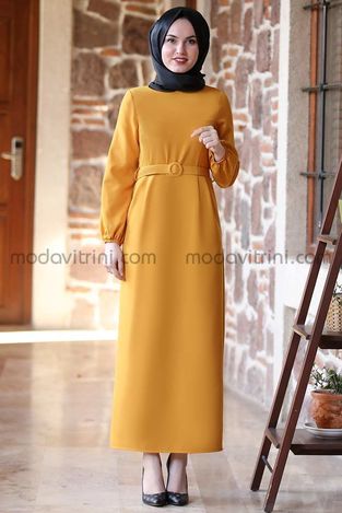 Pencil Dress - Balloon Sleeves - Mustard - MDV1013 - Thumbnail