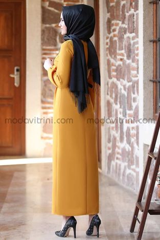 Pencil Dress - Balloon Sleeves - Mustard - MDV1013 - Thumbnail