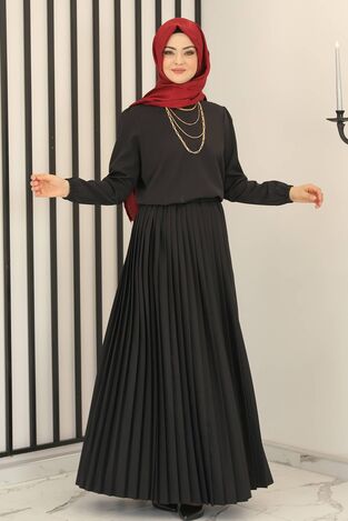 Fashion Showcase Design - Piliseli Etek - Hakim Yaka Tunik İkili Takım Siyah - Fashion Showcase Design - FSC3012