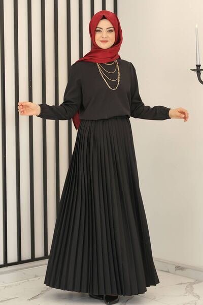 Piliseli Etek - Hakim Yaka Tunik İkili Takım Siyah - Fashion Showcase Design - FSC3012