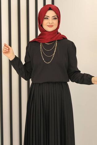 Piliseli Etek - Hakim Yaka Tunik İkili Takım Siyah - Fashion Showcase Design - FSC3012 - Thumbnail