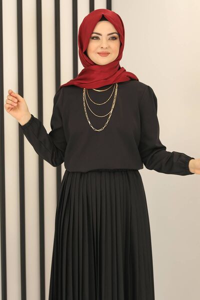 Piliseli Etek - Hakim Yaka Tunik İkili Takım Siyah - Fashion Showcase Design - FSC3012