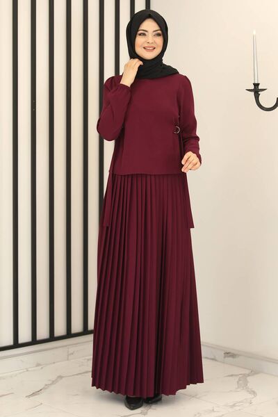 Piliseli Etek - Toka Detay Bluz İkili Takım Mürdüm - Fashion Showcase Design - FSC3013
