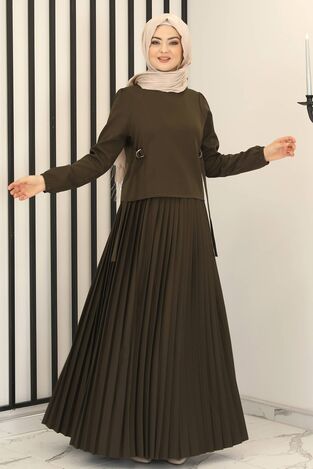 Piliseli Etek - Toka Detay Bluz İkili Takım Haki - Fashion Showcase Design - FSC3013 - Thumbnail