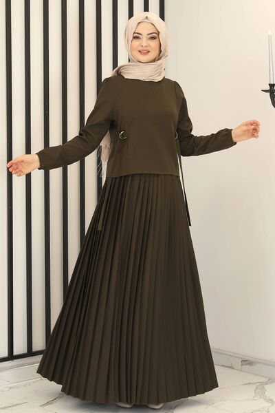 Piliseli Etek - Toka Detay Bluz İkili Takım Haki - Fashion Showcase Design - FSC3013