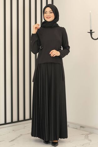Fashion Showcase Design - Piliseli Etek - Toka Detay Bluz İkili Takım Siyah - Fashion Showcase Design - FSC3013