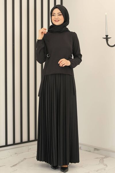 Piliseli Etek - Toka Detay Bluz İkili Takım Siyah - Fashion Showcase Design - FSC3013