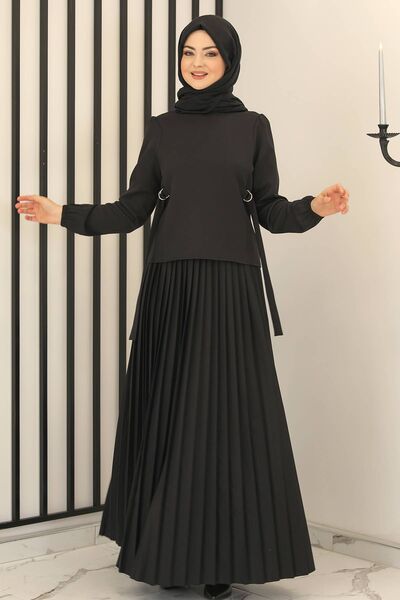 Piliseli Etek - Toka Detay Bluz İkili Takım Siyah - Fashion Showcase Design - FSC3013