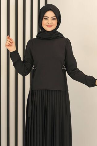 Piliseli Etek - Toka Detay Bluz İkili Takım Siyah - Fashion Showcase Design - FSC3013 - Thumbnail