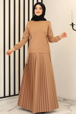 Piliseli Etek - Toka Detay Bluz İkili Takım Vizon - Fashion Showcase Design - FSC3013 - Thumbnail