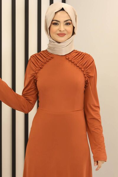 Reglan Kol Abiye Elbise Kiremit - Fashion Showcase Design - FSC3014