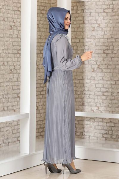 Robalı Boydan Piliseli Lady Abiye Elbise Gri - Fashion Showcase Design - FSC3036