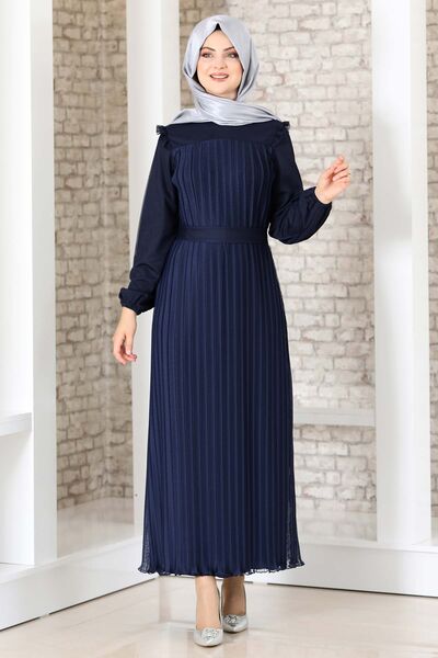Robalı Boydan Piliseli Lady Abiye Elbise Lacivert - Fashion Showcase Design - FSC3036