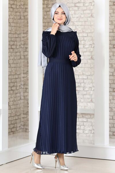 Robalı Boydan Piliseli Lady Abiye Elbise Lacivert - Fashion Showcase Design - FSC3036
