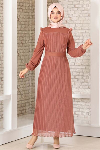 Robalı Boydan Piliseli Lady Abiye Elbise Soğan Kabuğu - Fashion Showcase Design - FSC3036