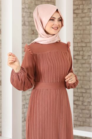 Robalı Boydan Piliseli Lady Abiye Elbise Soğan Kabuğu - Fashion Showcase Design - FSC3036 - Thumbnail