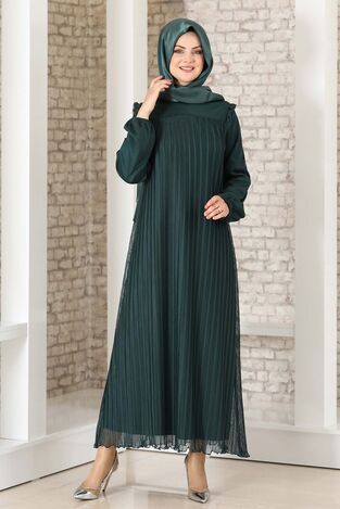 Robalı Boydan Piliseli Lady Abiye Elbise Zümrüt - Fashion Showcase Design - FSC3036 - Thumbnail