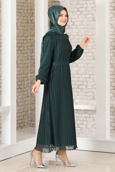 Robalı Boydan Piliseli Lady Abiye Elbise Zümrüt - Fashion Showcase Design - FSC3036