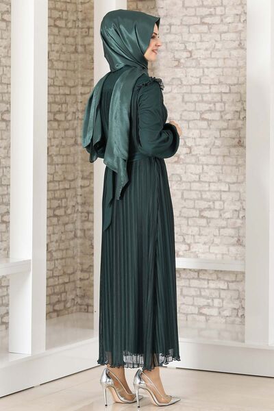 Robalı Boydan Piliseli Lady Abiye Elbise Zümrüt - Fashion Showcase Design - FSC3036