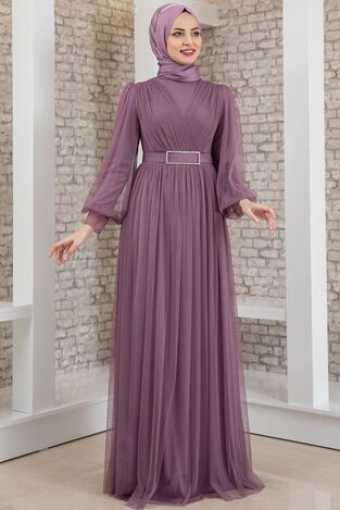 Robe de Soirée - Tulle Détaillé - Ceinture Détaillée Pierre - Lilas - MDV2042 