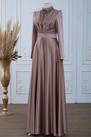Safir Saten Abiye Elbise Bakır - Dresslife Tesettür Giyim - ALM2113 - Thumbnail