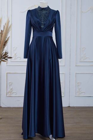 Safir Saten Abiye Elbise Lacivert - Dresslife Tesettür Giyim - ALM2113 - Thumbnail