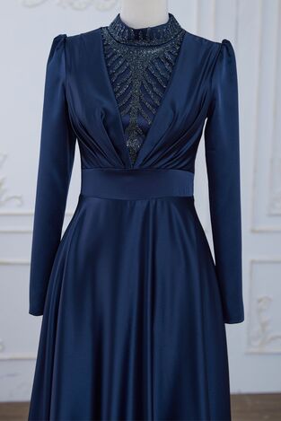 Safir Saten Abiye Elbise Lacivert - Dresslife Tesettür Giyim - ALM2113 - Thumbnail