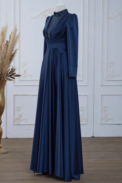 Safir Saten Abiye Elbise Lacivert - Dresslife Tesettür Giyim - ALM2113