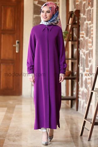 Suit - Long Tunic & Pants - Crepe - Purple - MDV2006 - Thumbnail