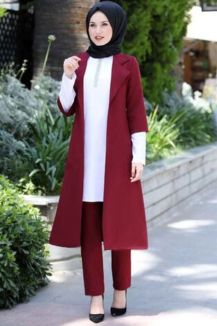 Suit - Three Pieces - Detailed - Maroon - MDV1097 - Thumbnail
