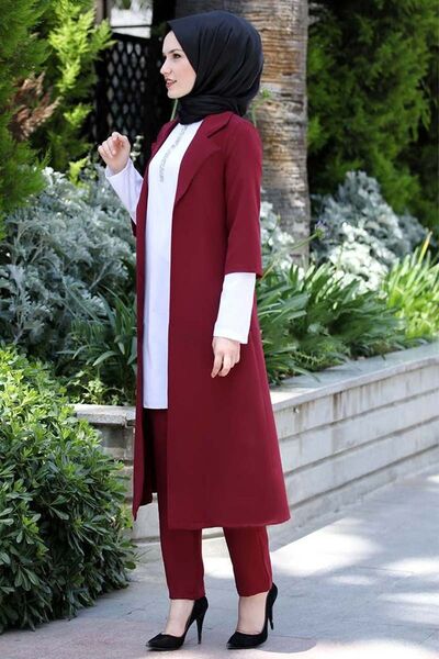 Suit - Three Pieces - Detailed - Maroon - MDV1097