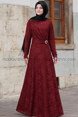 Tanem Evening Dress - Maroon - ANS1041 - Thumbnail