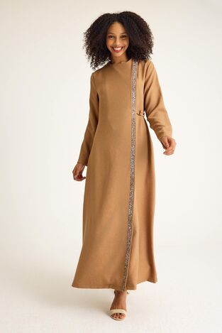 Taş Detay Bağcıklı Abaya Uzun Elbise Ferace - Kahve - FSC3138 