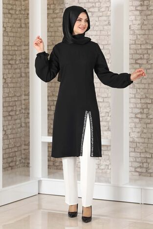 Taş Detay Yırtmaçlı Tunik Siyah - Fashion Showcase Design - FSC2039 - Thumbnail