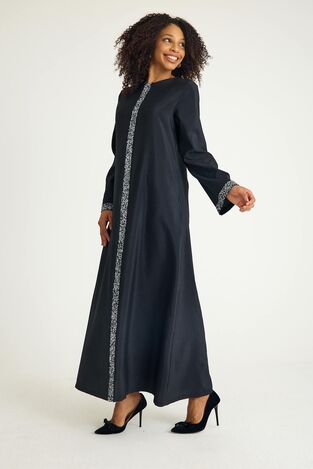 Taş Detaylı Abaya Tesettür Ferace Elbise - Siyah - FSC3137 