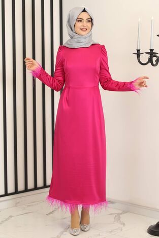 Tüy Detay Saten Kalem Abiye Elbise Fuşya - Fashion Showcase Design - FSC3016 - Thumbnail
