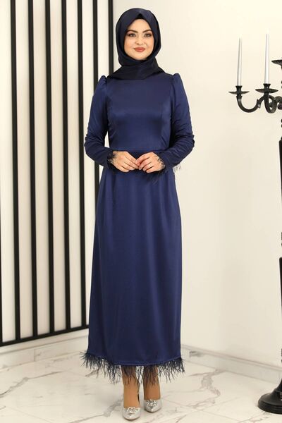 Tüy Detay Saten Kalem Abiye Elbise Lacivert - Fashion Showcase Design - FSC3016