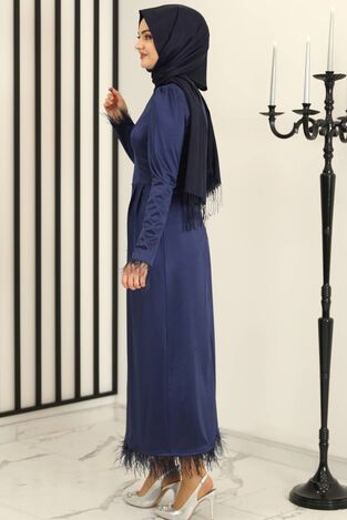 Tüy Detay Saten Kalem Abiye Elbise Lacivert - Fashion Showcase Design - FSC3016 - Thumbnail